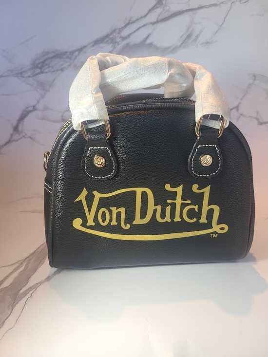 Von Dutch Handbags - Von Dutch Black Mini Dome Bag with Yellow Logo